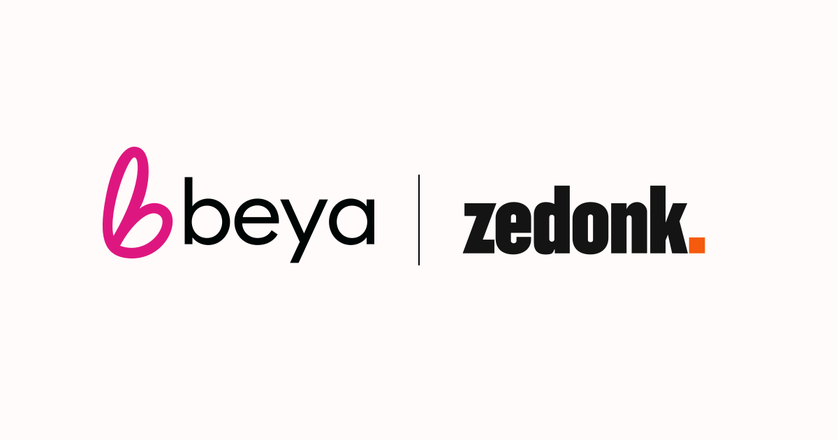 Pink Beya mark, then the Beya wordmark, beside a vertical line and the full Zedonk logo.